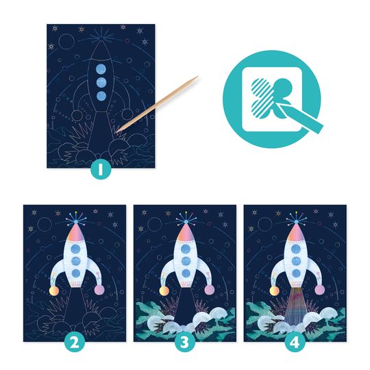 Confezione con 4 carte iridescenti da grattare Cosmic mission - Djeco