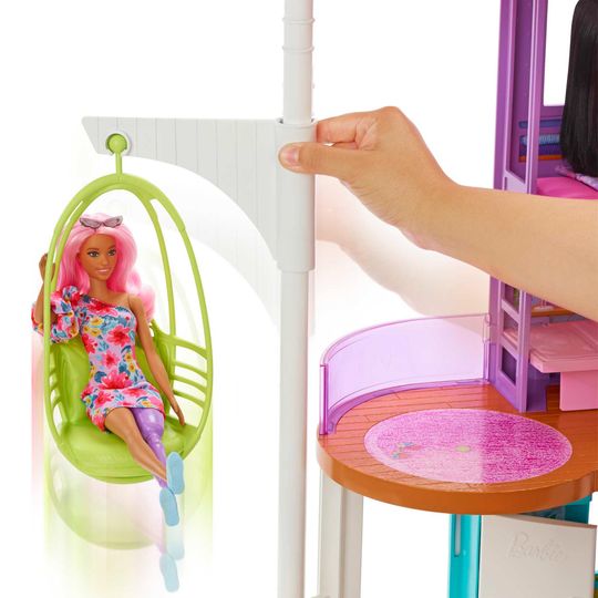 Barbie Casa Di Malibu, Playset Casa delle Bambole con 2 piani, 6 stanze, ascensore altalena e più di 30 pezzi - Barbie