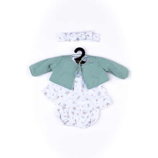 Completo primaverile con camicetta, pantaloncino, giacchino verde in tricot e fascia per My FAO Doll 40 cm - FAO Schwarz
