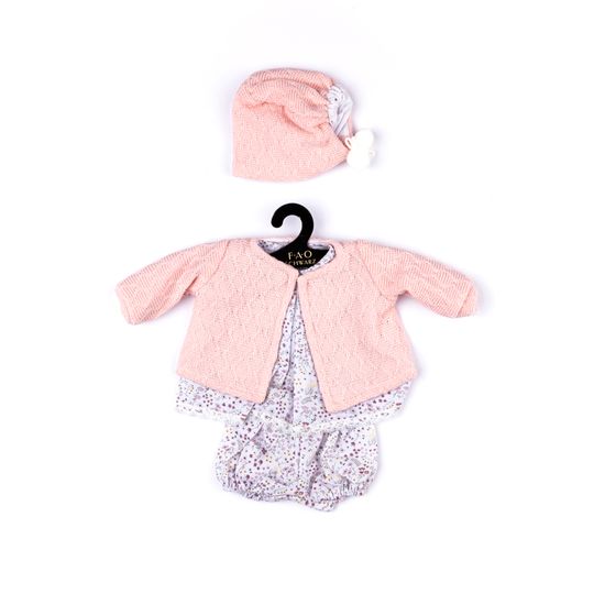 Completo primaverile corto con giacchino in tricot e cuffietta con pon pon per My FAO Doll 40 cm - FAO Schwarz