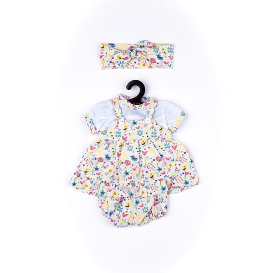 Vestitino a salopette con pantaloncino, maglietta  e fascia in fantasia floreale. per My FAO Doll 40 cm - FAO Schwarz