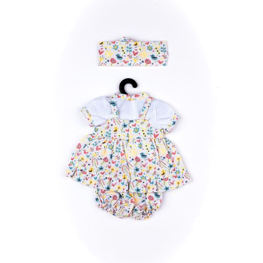 Vestitino a salopette con pantaloncino, maglietta  e fascia in fantasia floreale. per My FAO Doll 40 cm - FAO Schwarz