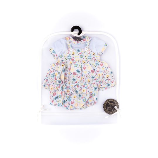 Vestitino a salopette con pantaloncino, maglietta  e fascia in fantasia floreale. per My FAO Doll 40 cm - FAO Schwarz