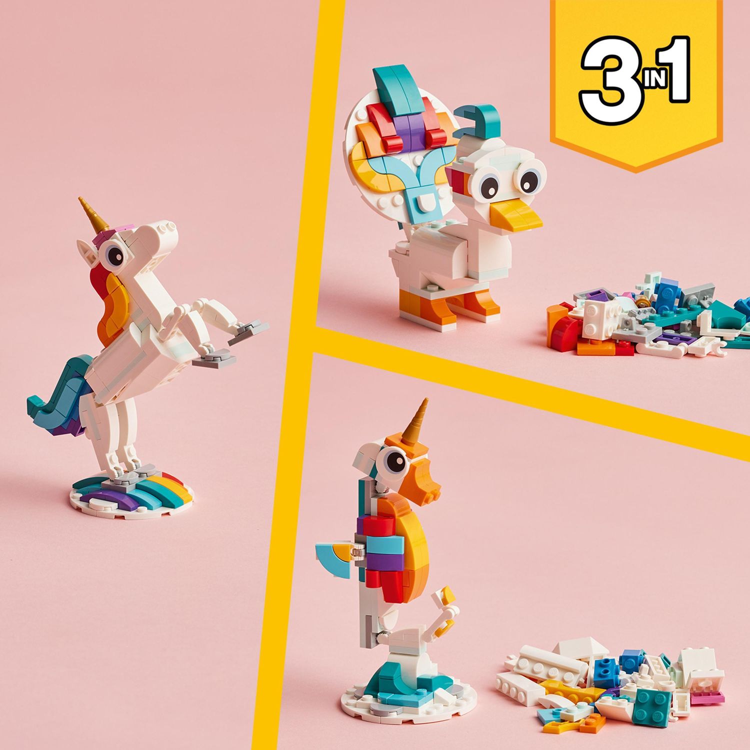 LEGO Creator 31140 Unicorno Magico con Arcobaleno, Set 3 in 1 con Animali - LEGO