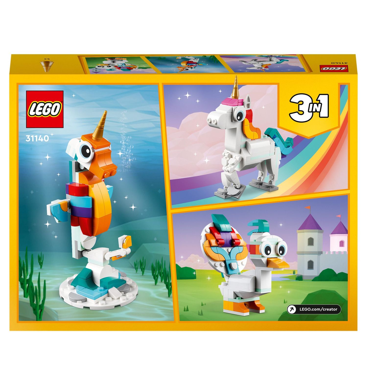 LEGO Creator 31140 Unicorno Magico con Arcobaleno, Set 3 in 1 con Animali - LEGO