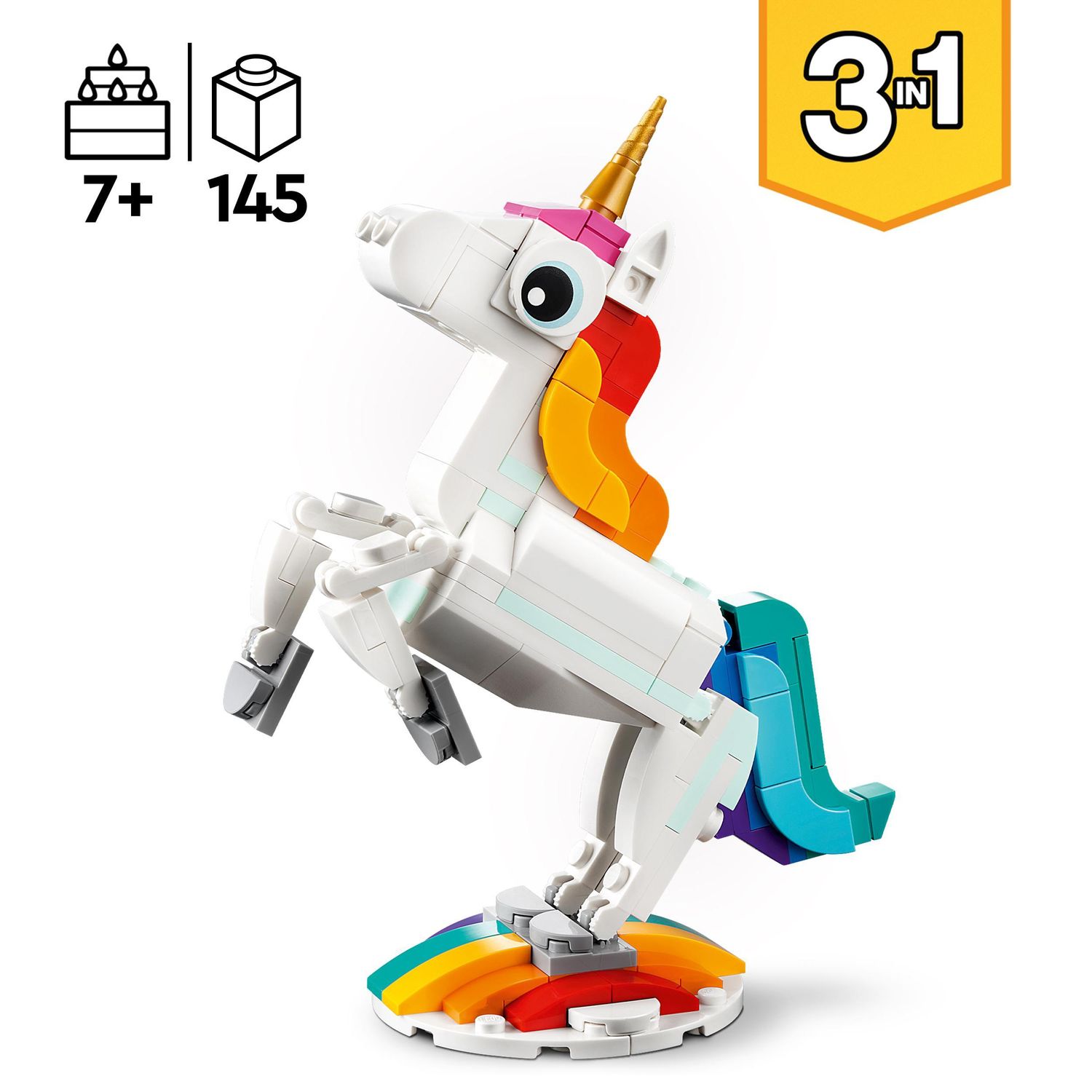LEGO Creator 31140 Unicorno Magico con Arcobaleno, Set 3 in 1 con Animali - LEGO