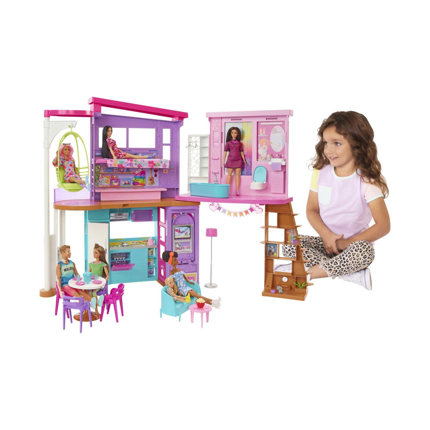 Barbie Casa Di Malibu, Playset Casa delle Bambole con 2 piani, 6 stanze, ascensore altalena e più di 30 pezzi - Barbie