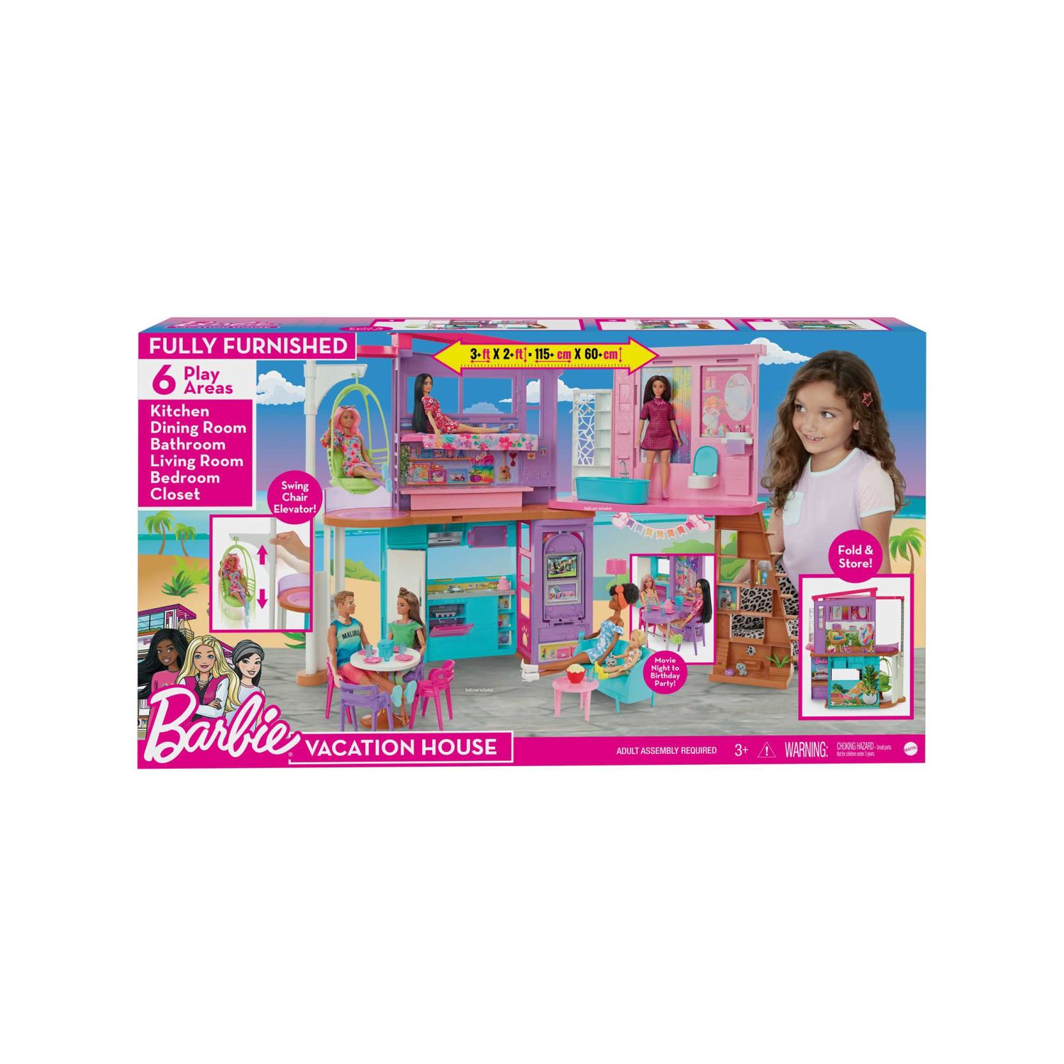 Barbie Casa Di Malibu, Playset Casa delle Bambole con 2 piani, 6 stanze, ascensore altalena e più di 30 pezzi - Barbie