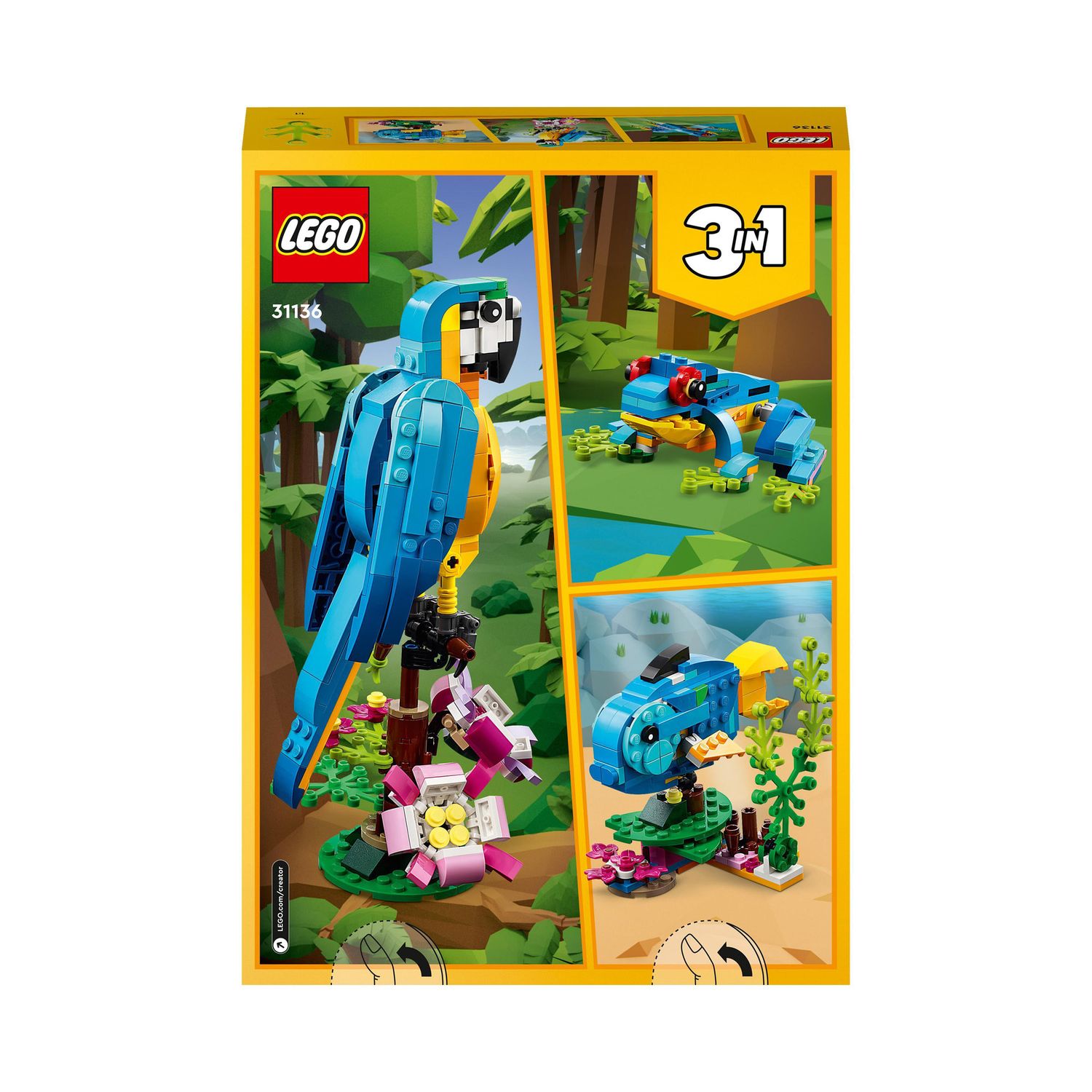 LEGO Creator 31136 Pappagallo Esotico, Set 3 in 1 con Pesce e Rana, da collezione - LEGO