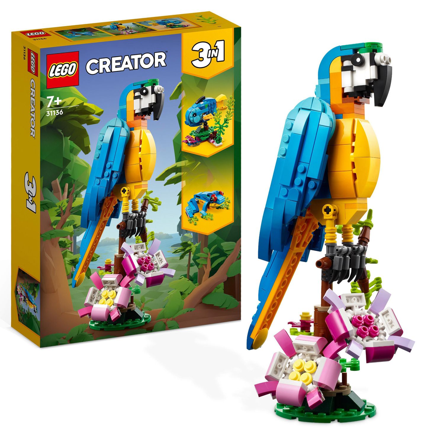 LEGO Creator 31136 Pappagallo Esotico, Set 3 in 1 con Pesce e Rana, da collezione - LEGO