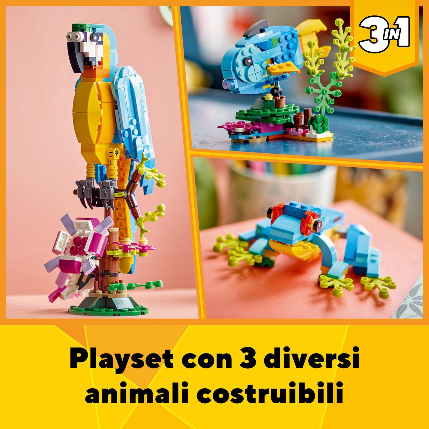 LEGO Creator 31136 Pappagallo Esotico, Set 3 in 1 con Pesce e Rana, da collezione - LEGO