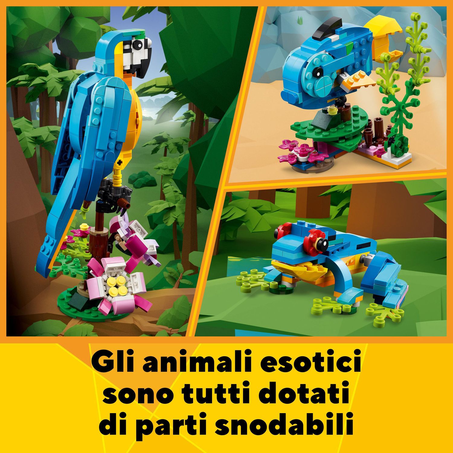 LEGO Creator 31136 Pappagallo Esotico, Set 3 in 1 con Pesce e Rana, da collezione - LEGO