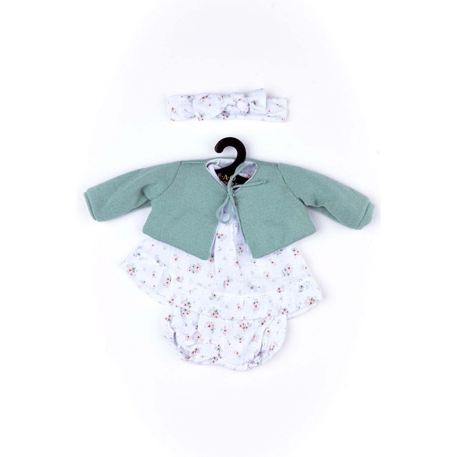 Completo primaverile con camicetta, pantaloncino, giacchino verde in tricot e fascia per My FAO Doll 40 cm - FAO Schwarz