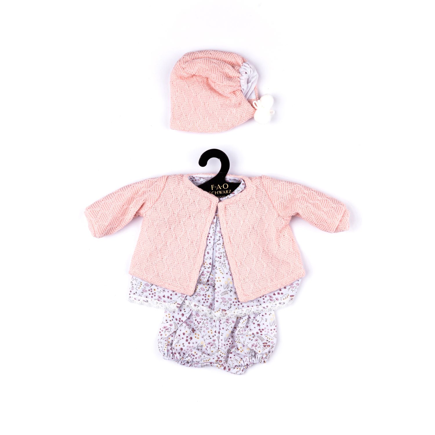 Completo primaverile corto con giacchino in tricot e cuffietta con pon pon per My FAO Doll 40 cm - FAO Schwarz