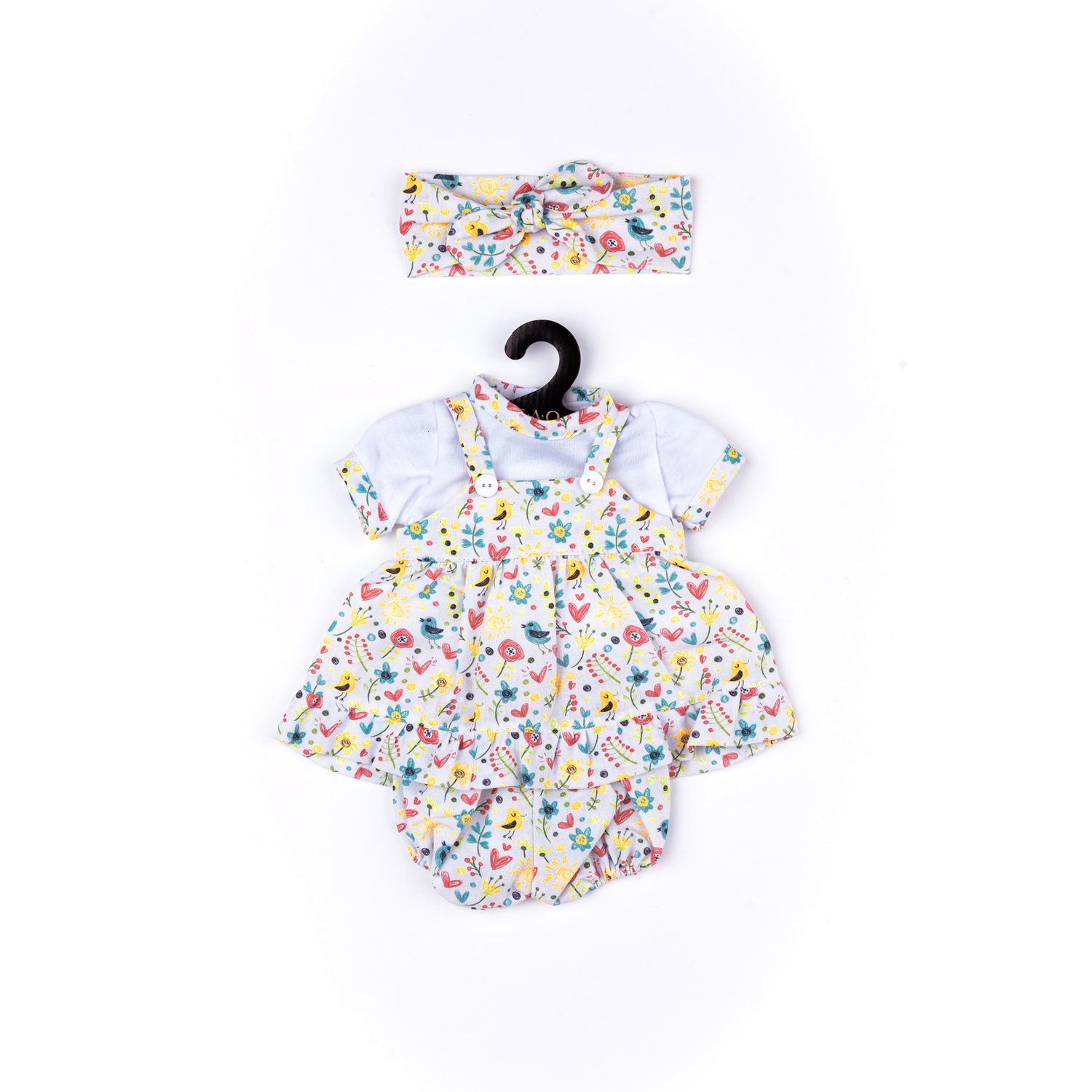 Vestitino a salopette con pantaloncino, maglietta  e fascia in fantasia floreale. per My FAO Doll 40 cm - FAO Schwarz