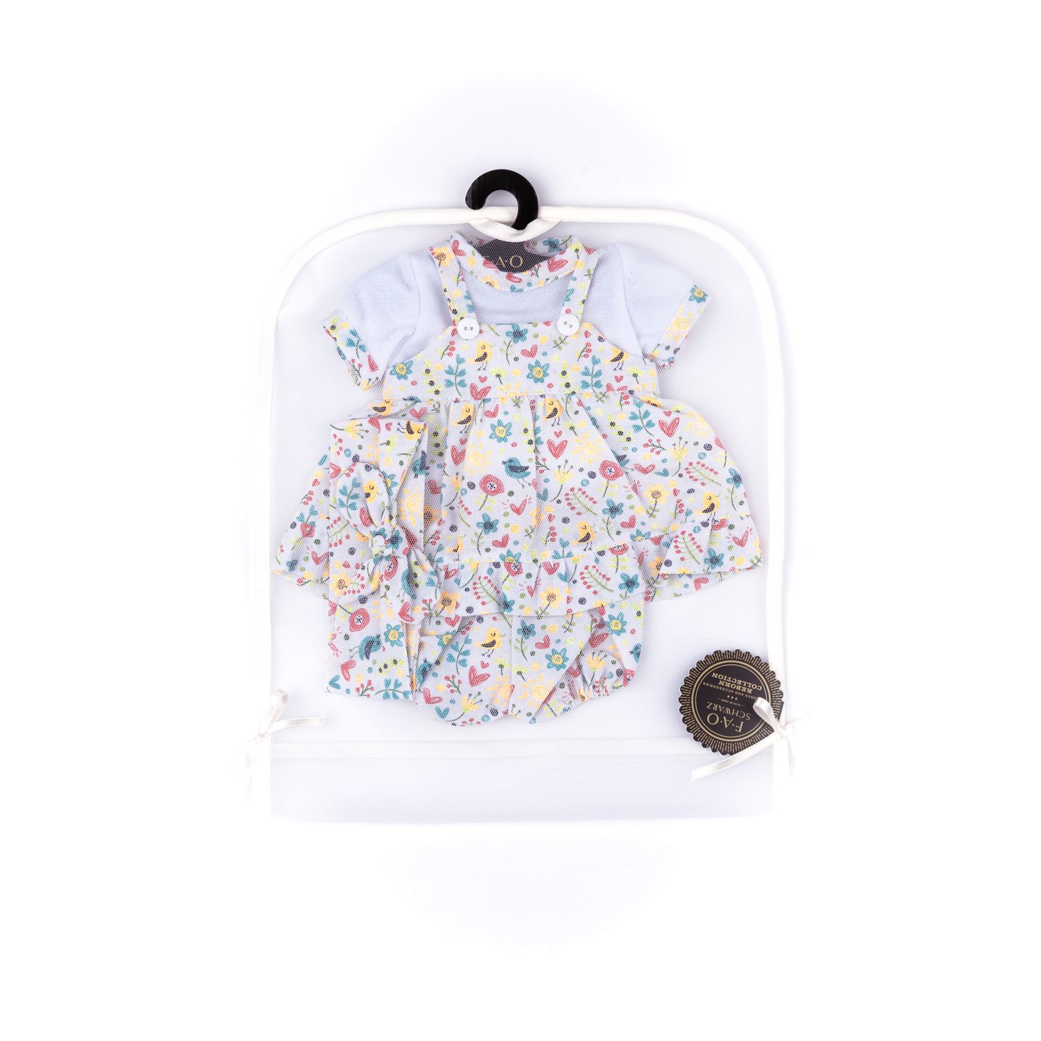 Vestitino a salopette con pantaloncino, maglietta  e fascia in fantasia floreale. per My FAO Doll 40 cm - FAO Schwarz