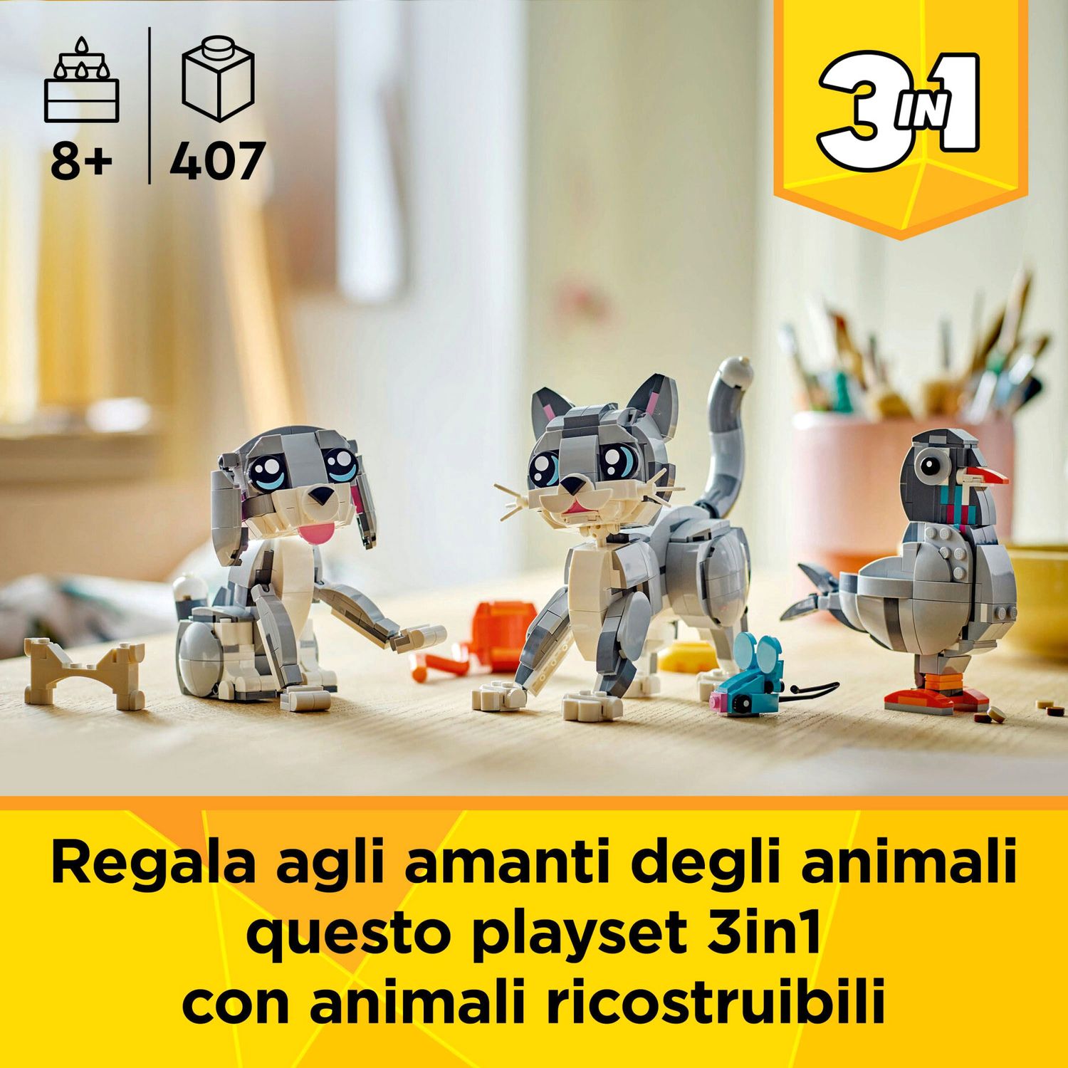 Lego Creator 3 in 1 31163 Gatto Giocoso Giocattolo: Si Trasforma in Piccione o in Cane - LEGO