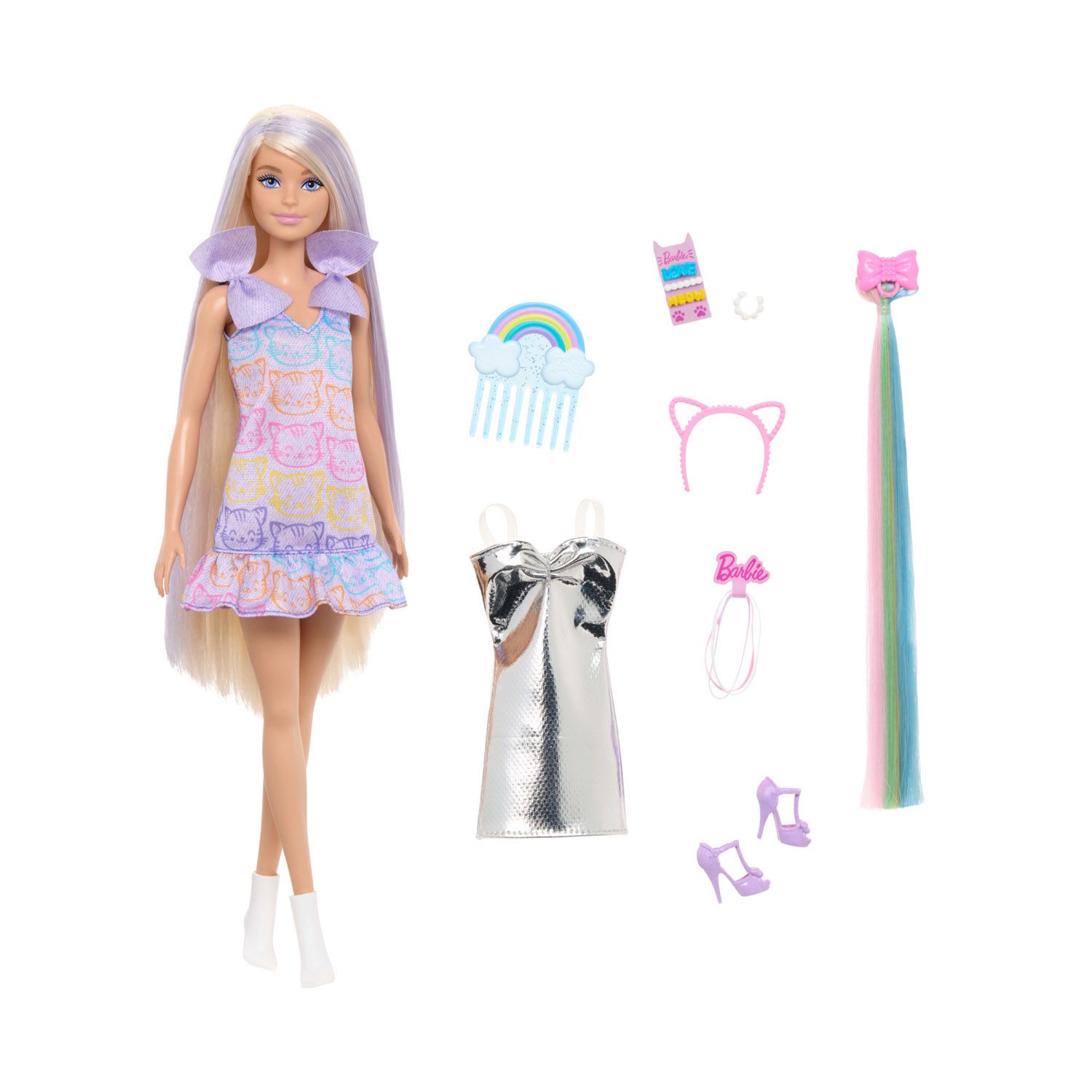 Barbie Fun & Fancy – Bambola con Capelli Lunghissimi e Extension, Abito Argento Metallizzato - Barbie