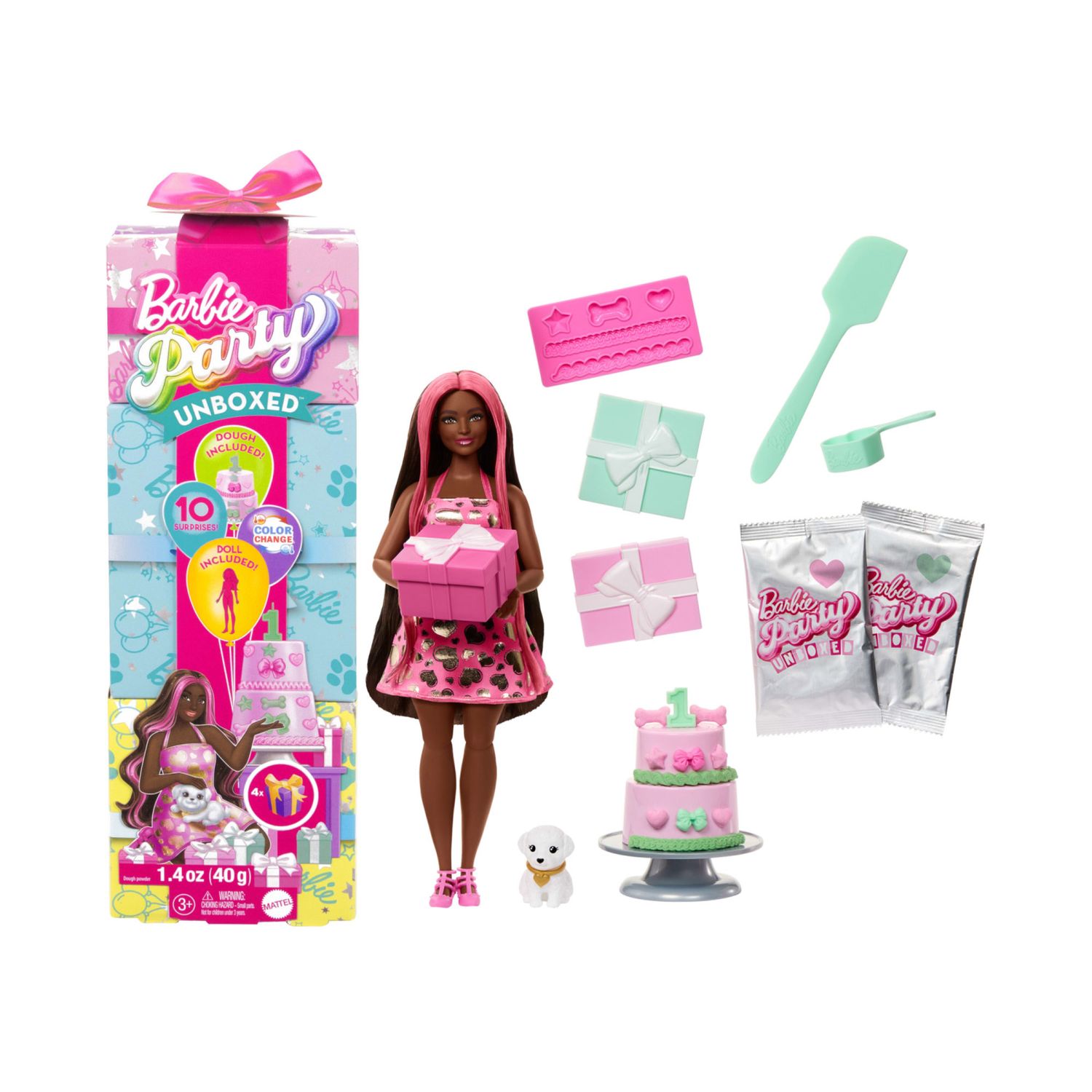 Barbie Party Unboxed Shimmerin' Hearts – Bambola con Cuori Brillanti e 10 Accessori a Sorpresa - Barbie