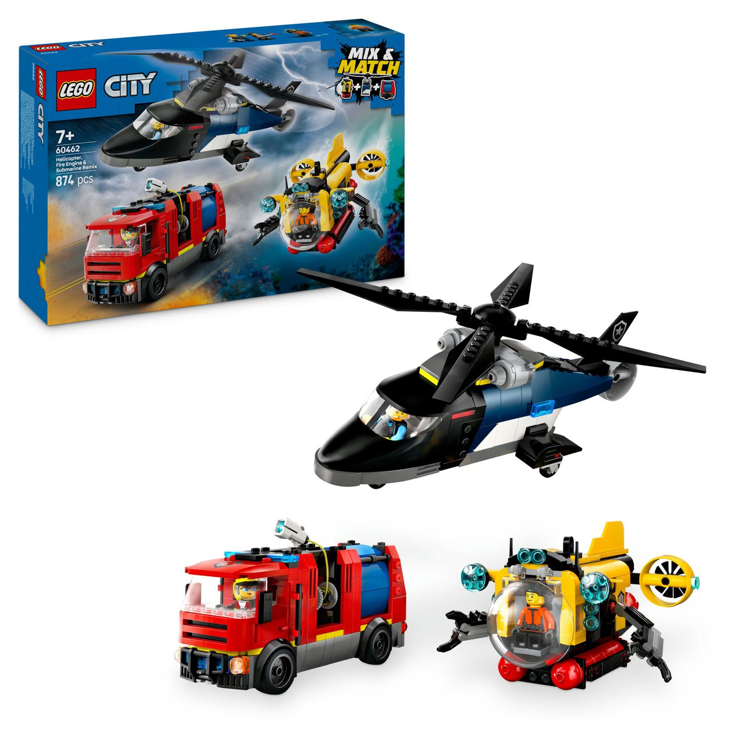 LEGO City 60462 3 in 1 Elicottero, Autopompa e Sottomarino - LEGO