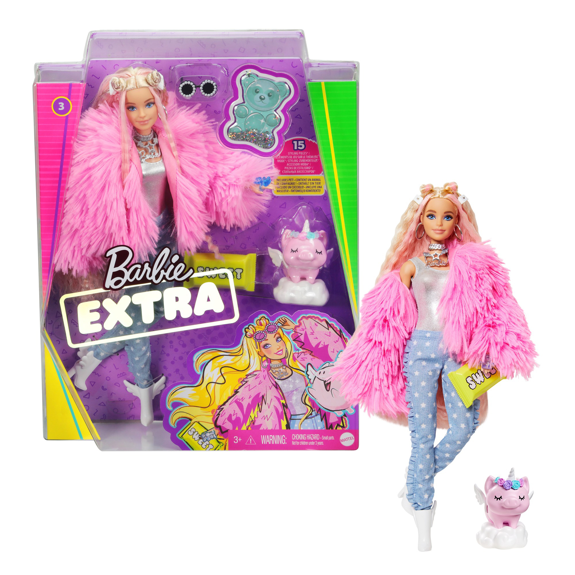 Barbie Extra Bambola con giacca lanosa rosa e maialino unicorno - Barbie