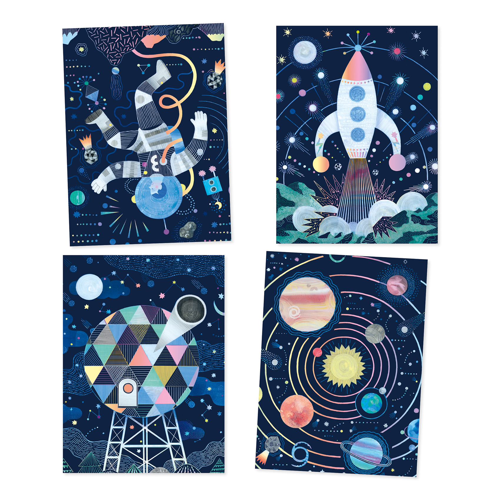 Confezione con 4 carte iridescenti da grattare Cosmic mission - Djeco