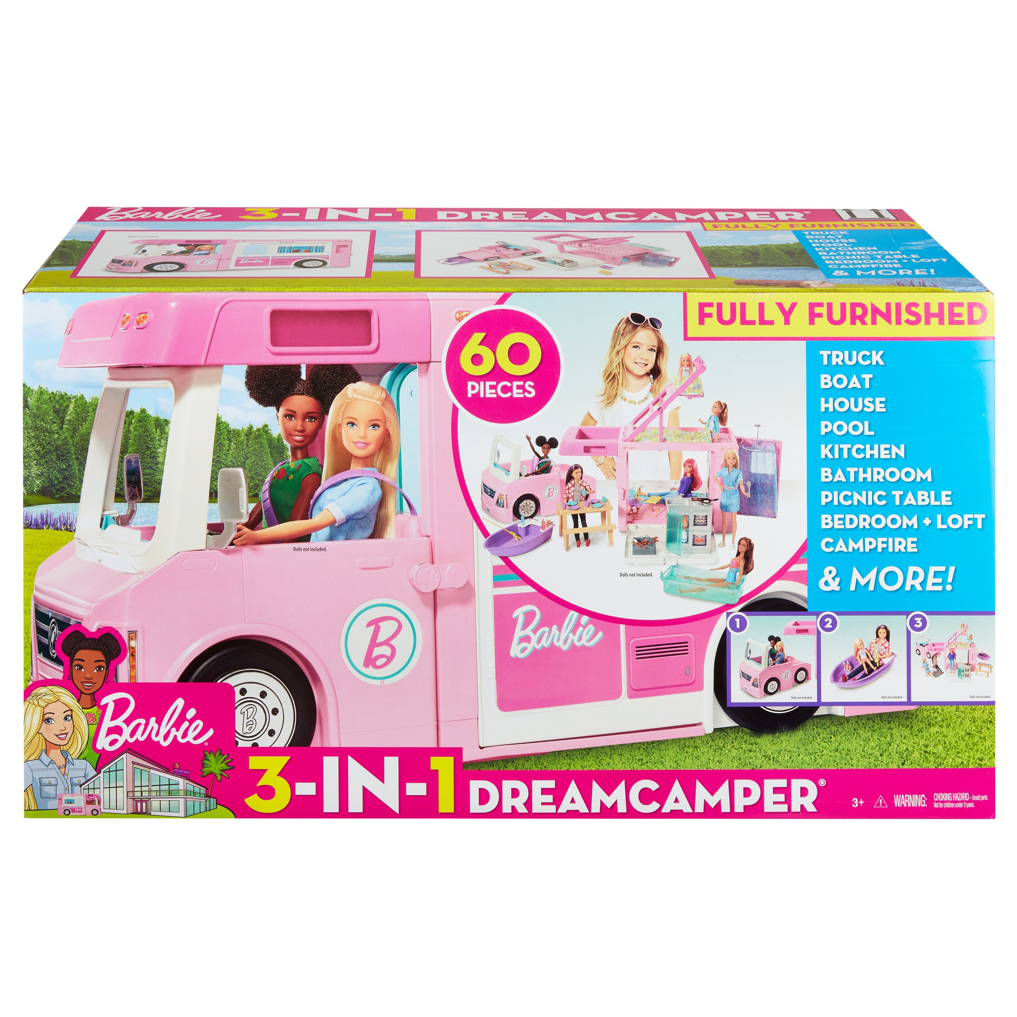 Barbie Camper dei Sogni 3 in 1, Playset con 3 Veicoli e 50 Accessori - Barbie
