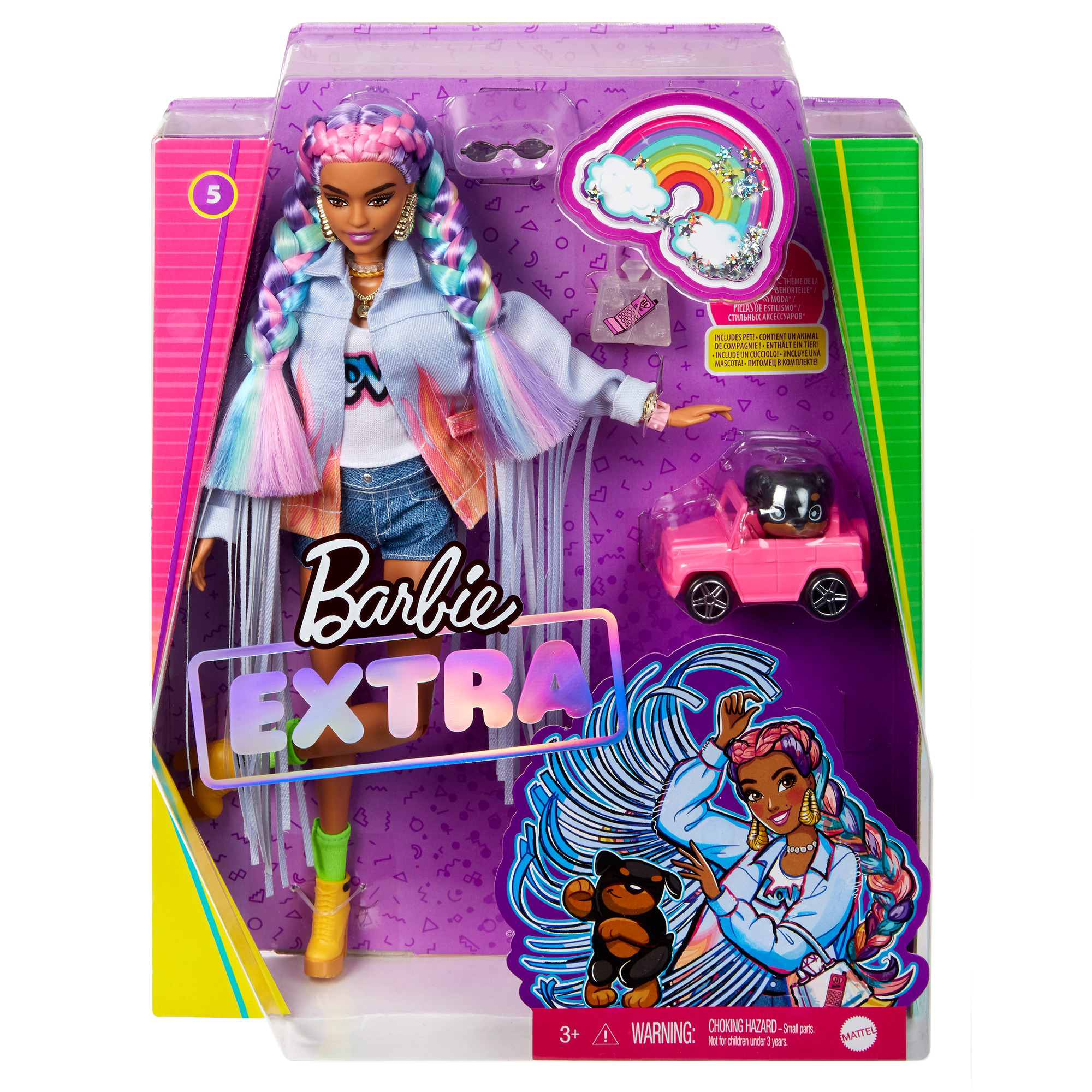 Barbie Extra Bambola con giubbotto di jeans, trecce arcobaleno - Barbie