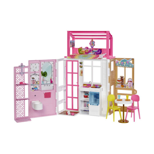 Barbie Casa-Loft a 2 piani con 4 aree gioco, completamente ammobiliata, con cucciolo e accessori - Barbie