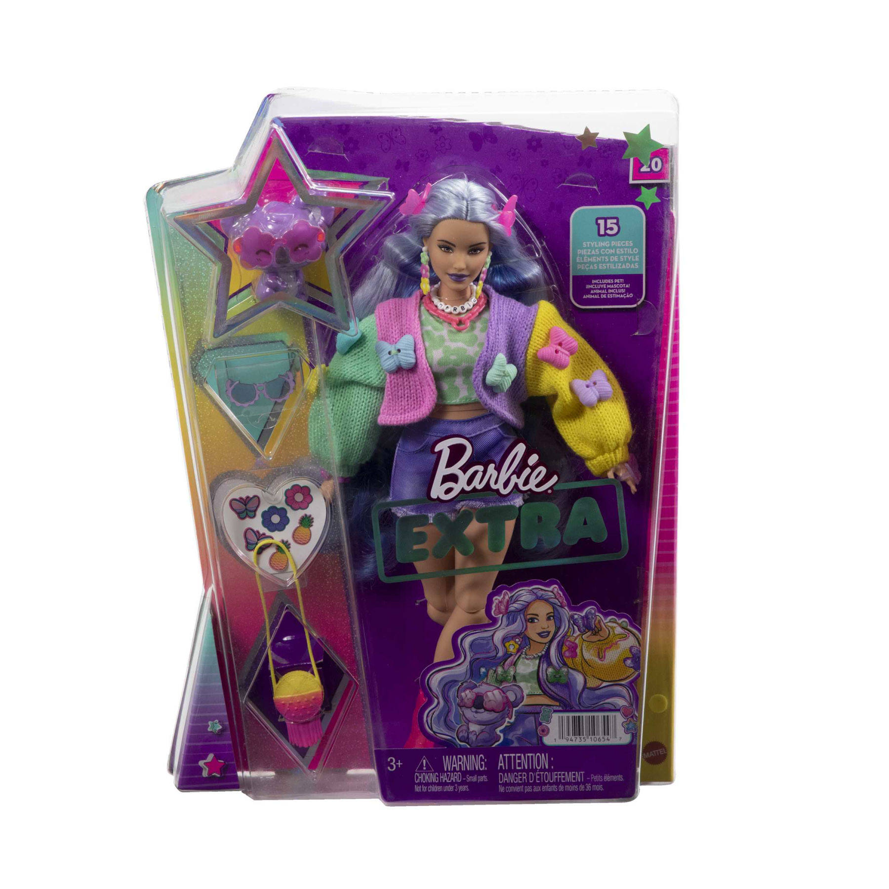 Barbie Extra con Koala, con capelli ondulati lavanda, maglione colorato con farfalle e stivaletti rosa - Barbie
