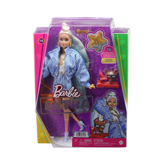 Barbie Extra con Cagnolino, gonna e giacca blu con motivo chachemire, capelli lunghissimi e accessori - Barbie