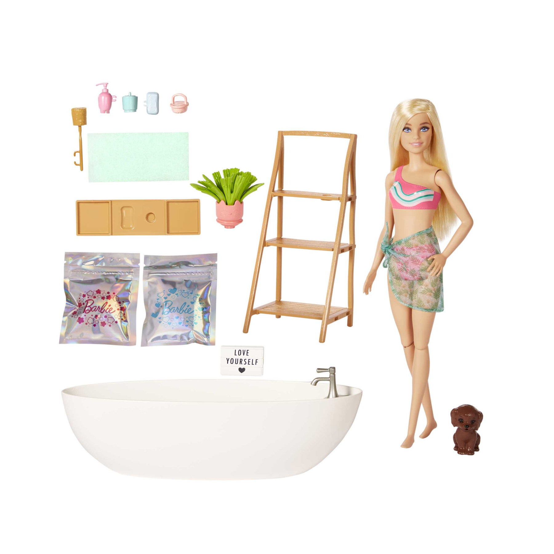 Barbie Vasca Relax Playset, Con 1 Bambola, 1 cucciolo e coriandoli di sapone colorati - Barbie