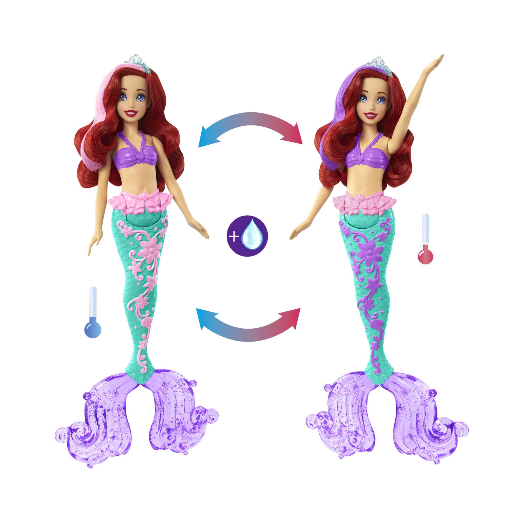 Ariel Cambia Colore, Bambola Sirenetta con capelli e coda Cambia-Colore con l'acqua, Disney Princess - Disney