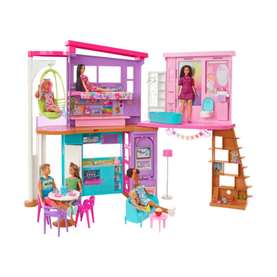 Barbie Casa Di Malibu, Playset Casa delle Bambole con 2 piani, 6 stanze, ascensore altalena e più di 30 pezzi - Barbie
