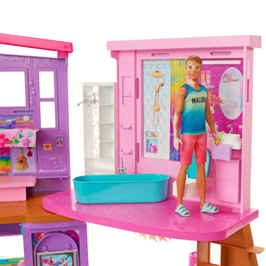 Barbie Casa Di Malibu, Playset Casa delle Bambole con 2 piani, 6 stanze, ascensore altalena e più di 30 pezzi - Barbie