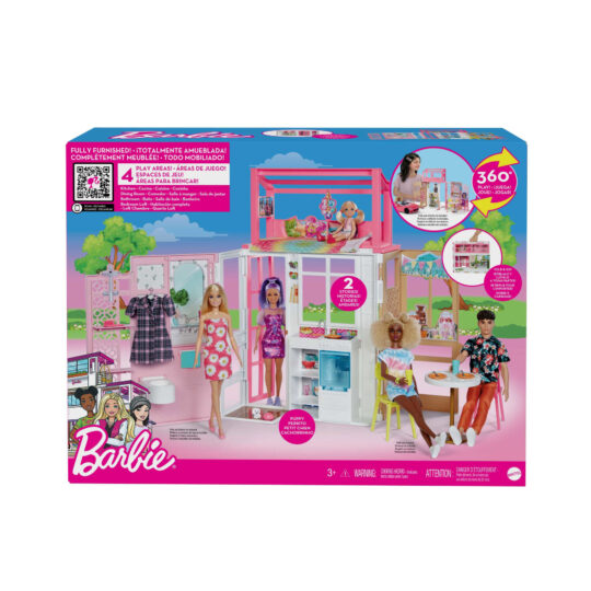 Barbie Casa-Loft a 2 piani con 4 aree gioco, completamente ammobiliata, con cucciolo e accessori - Barbie