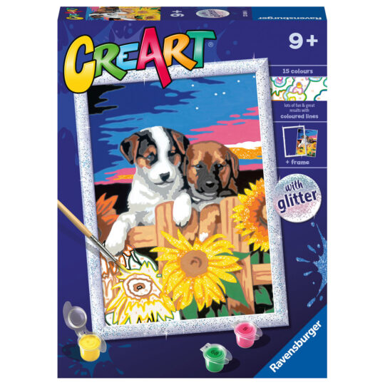Creart Cagnolini con girasoli, Serie D, Kit per dipingere con i numeri - Creart
