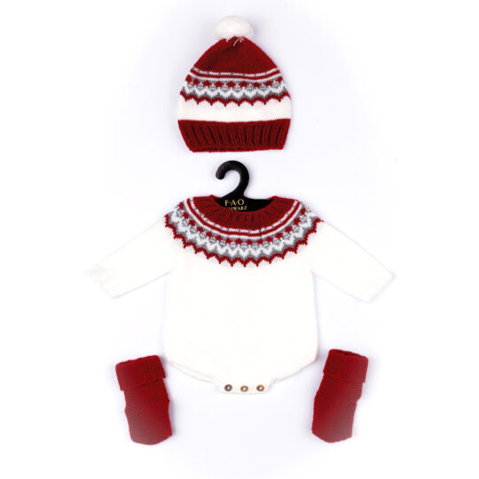 Completo in tricot rosso e panna con body, cappellino e calzini per My FAO Doll 40 cm - FAO Schwarz
