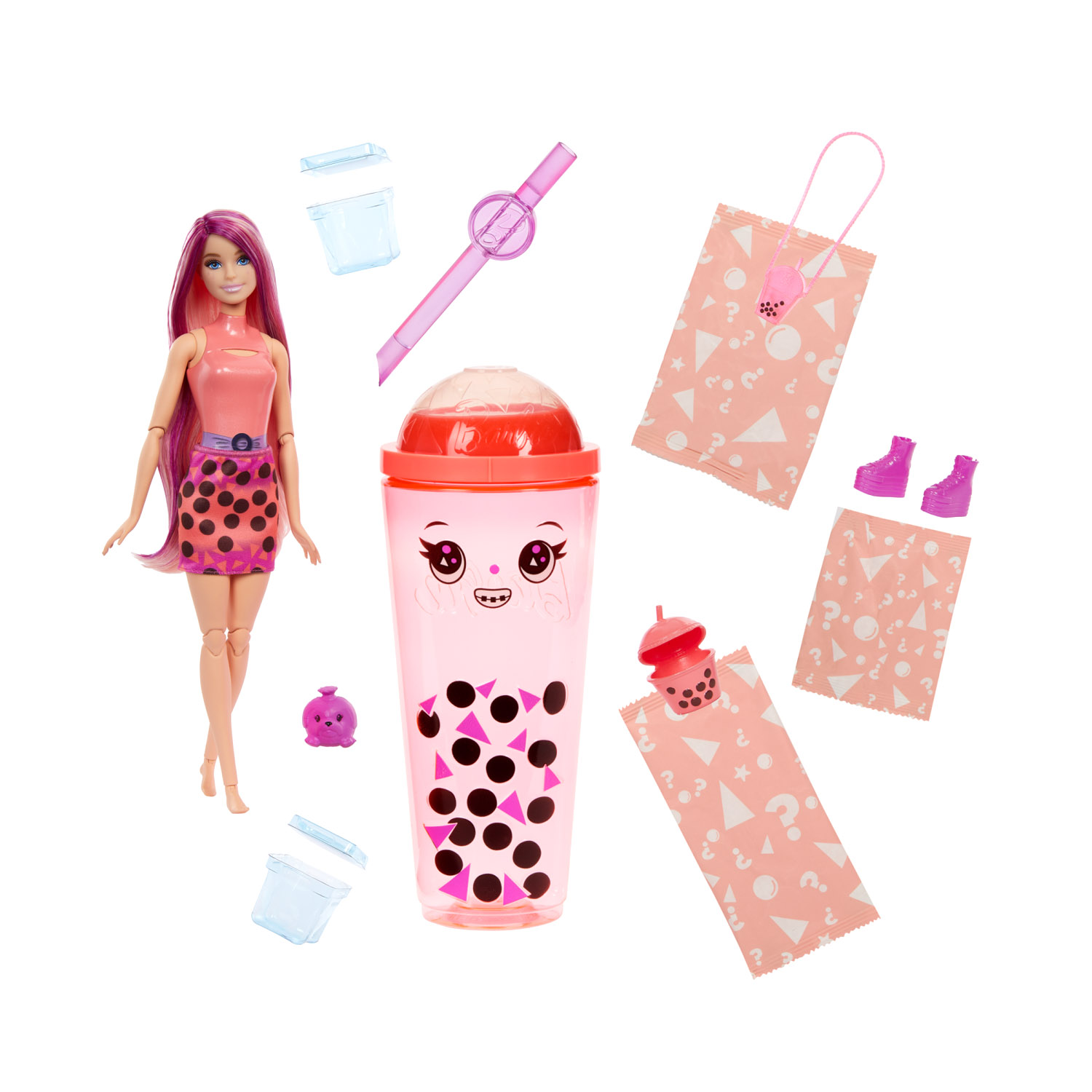 Barbie Pop reveal serie bubble tea, mango mochi profumata con cucciolo e 8 accessori, effetto cambia colore - Barbie