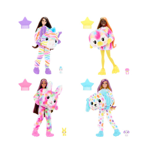 Barbie Cutie Reveal serie Color Dream con costume da animale di peluche tye-die e 10 accessori, effetto cambia colore - Barbie