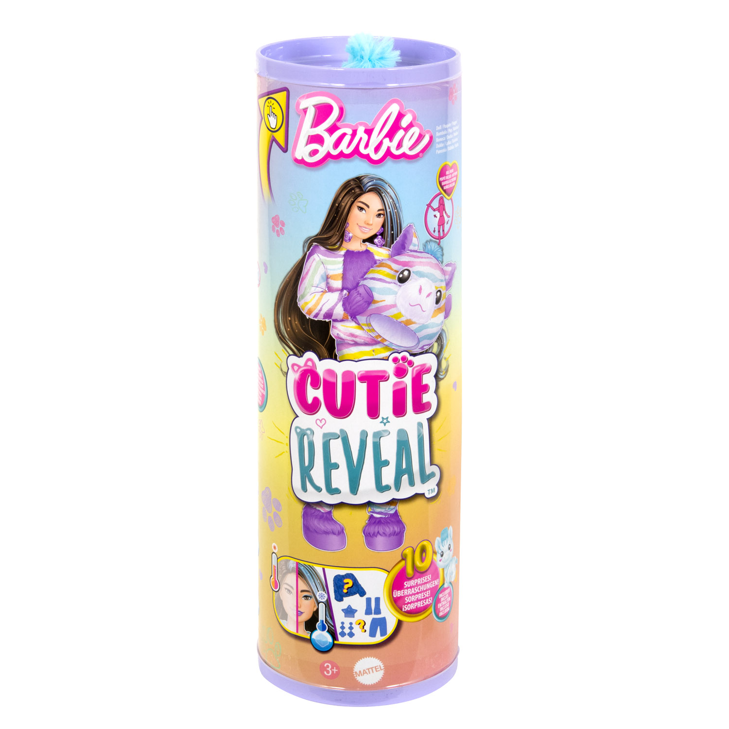 Barbie Cutie Reveal serie Color Dream con costume da animale di peluche tye-die e 10 accessori, effetto cambia colore - Barbie