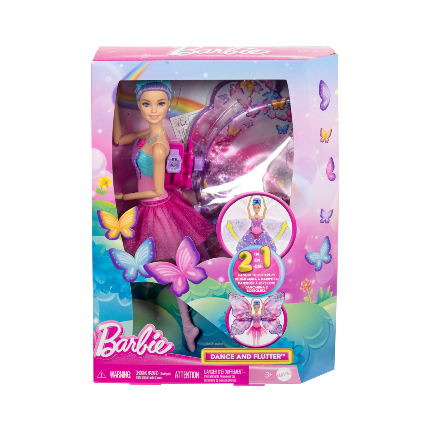 Barbie ali scintillanti dai capelli viola, trasformazione 2 in 1 da ballerina a farfalla con ali apribili - Barbie