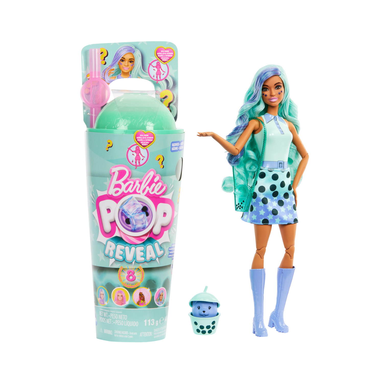 Barbie Pop reveal serie bubble tea, green tea profumata con cucciolo e 8 accessori, effetto cambia colore - Barbie