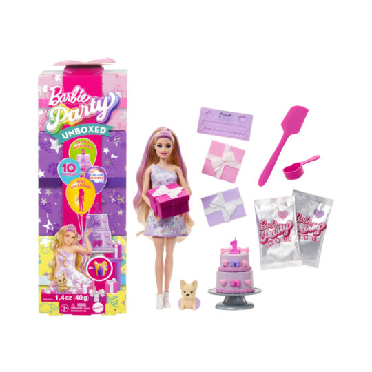 Barbie Party Unboxed Birthday Bows – Bambola Compleanno con 10 Sorprese e Look Cangiante - Barbie